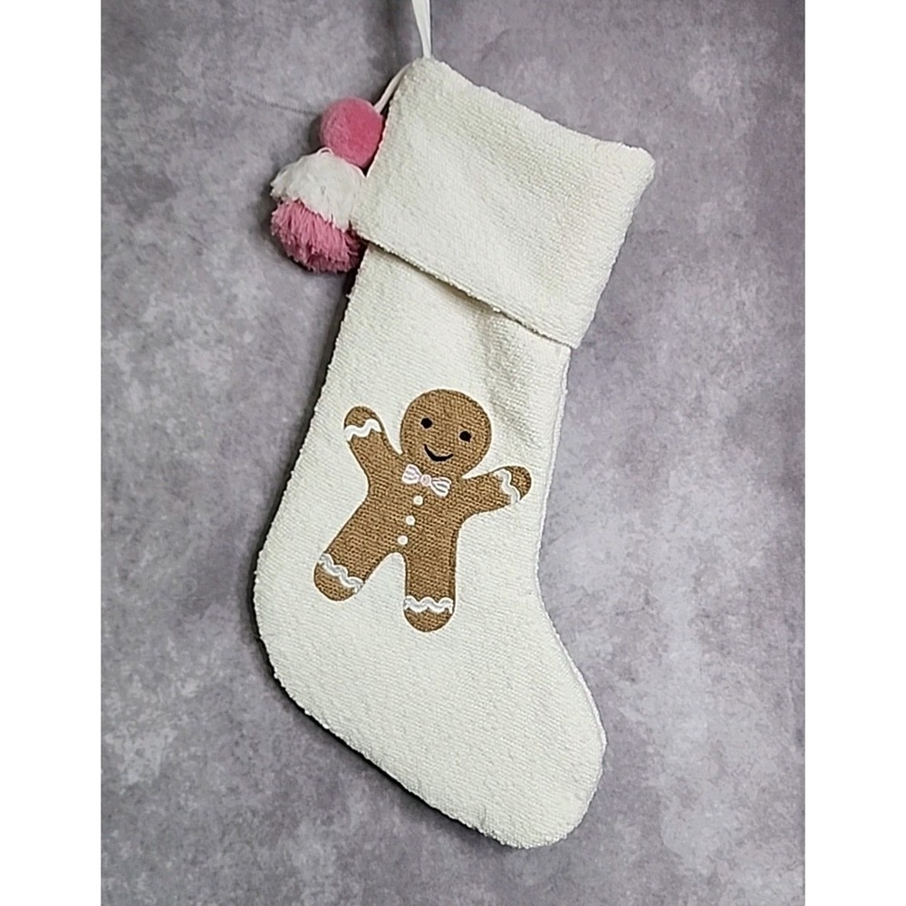 Gingerbread Boy Ivory Christmas Stocking Pink Bow‎ Tie Pompom Holiday 22" NEW